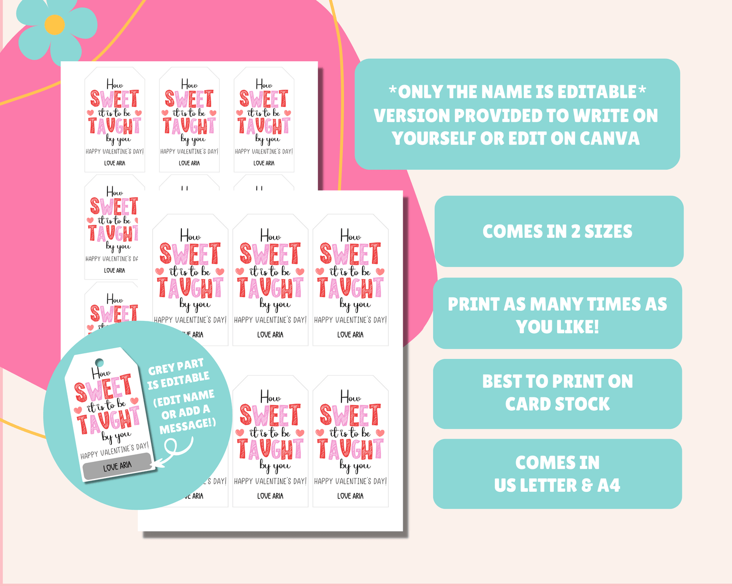 Editable Teacher Appreciation Valentine Gift Tags for Kids Classroom Valentine