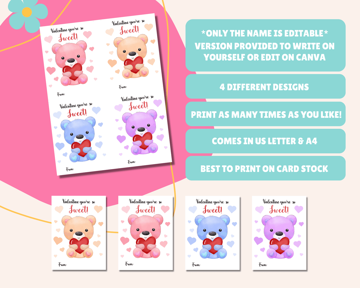 Editable Teddy Bear Valentine Cards for Kids Classroom Valentine