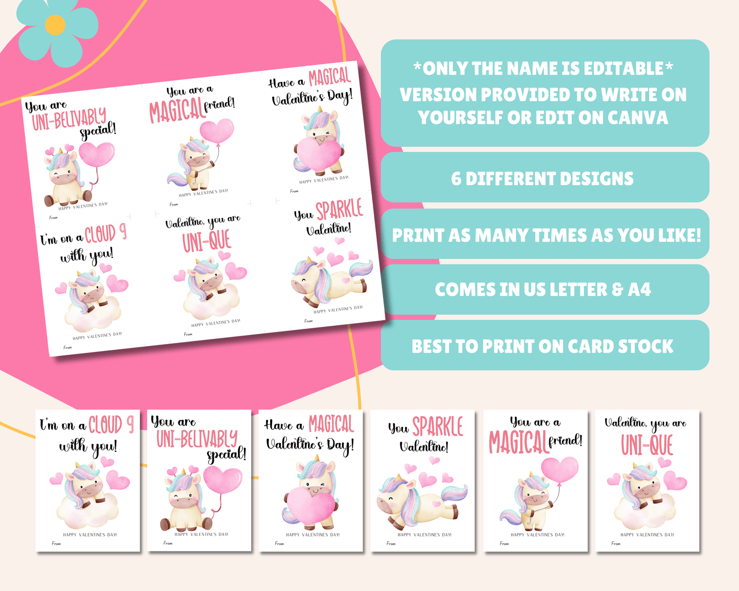 Editable Unicorn Valentine Cards for Kids Classroom Valentine