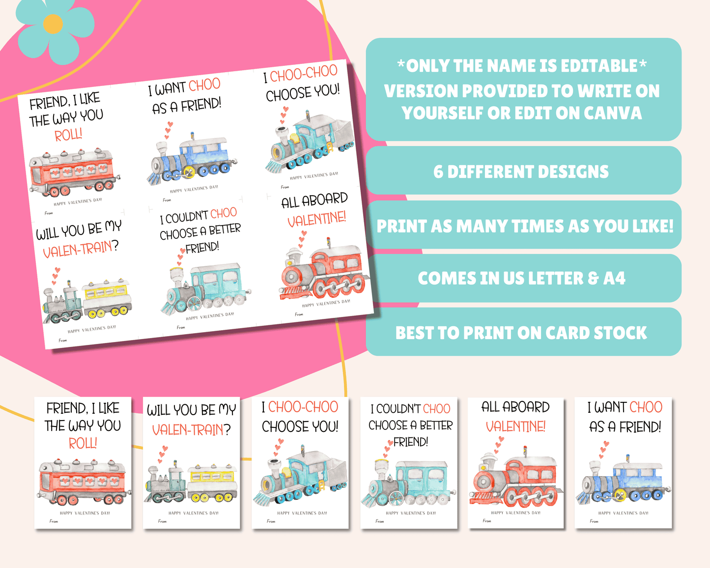 Editable Train Valentine Cards for Kids Classroom Valentine
