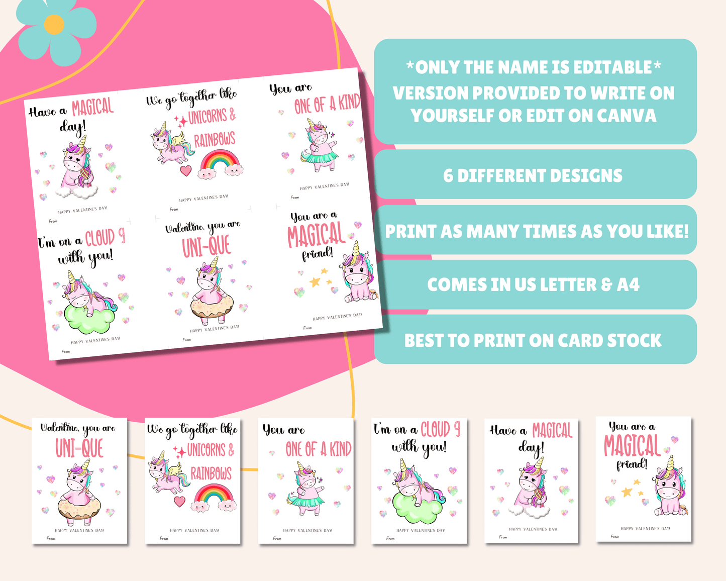 Editable Unicorn Valentine Cards for Kids for Classroom Valentine