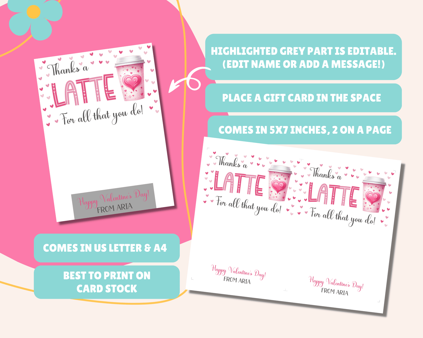 Editable Thanks a Latte Teacher Valentine Gift Card Holder for Classroom Valentine