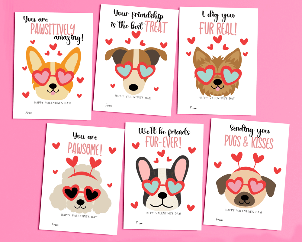 6 different dog valentine cards featuring adorable dogs with cute Valentine’s Day messages.