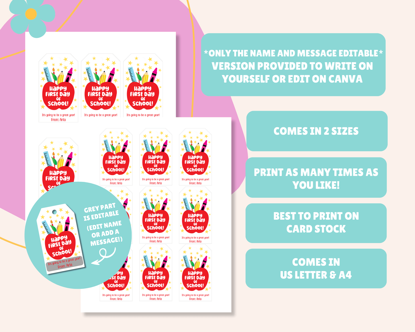 EDITABLE First Day Of School Gift Tag