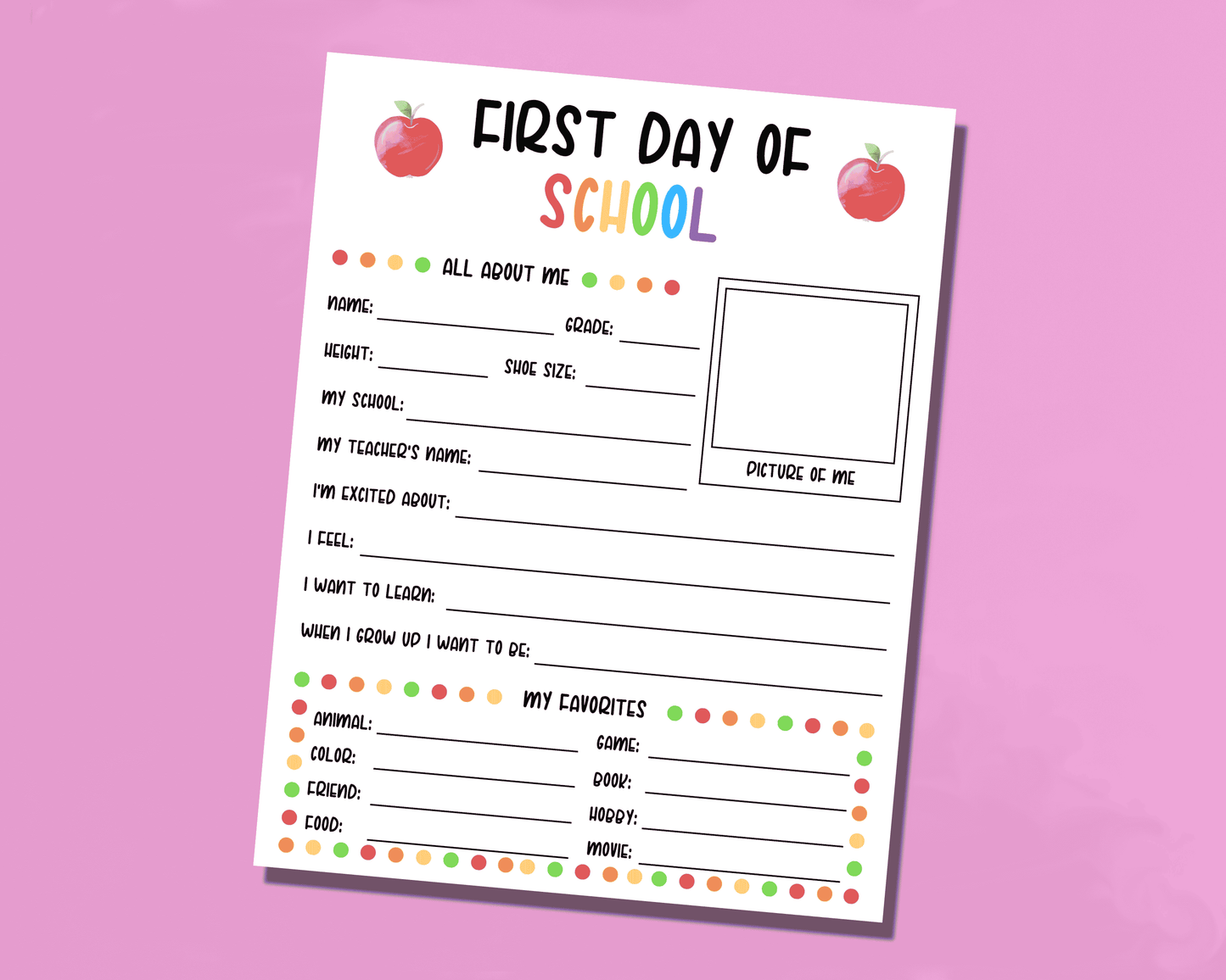 First Day Of School Questionnaire