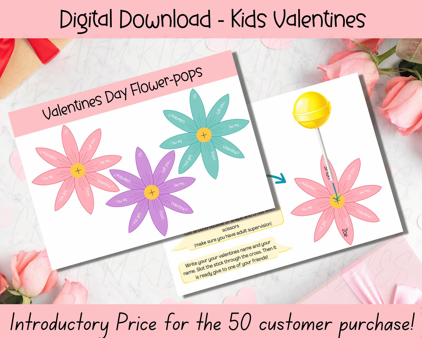 Classroom Valentines Day Lollipop Wrap, Kids Valentines, Kids Printable Valentine, Flower Valentine, Valentine Lollipop Holder