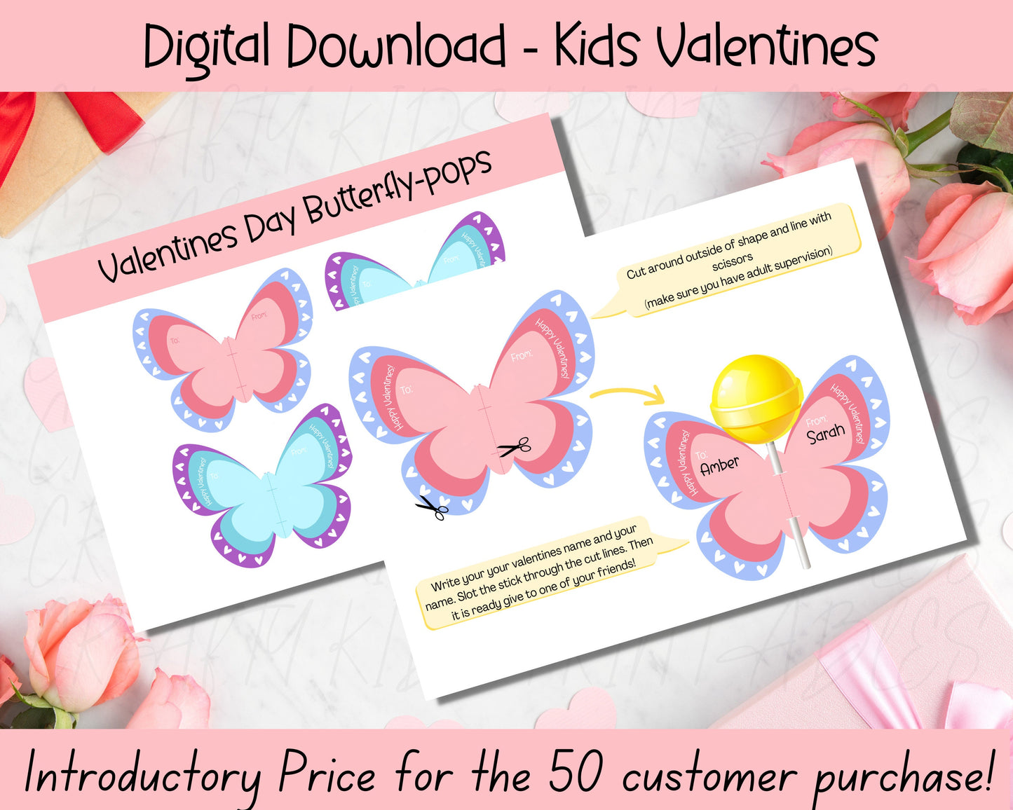 Classroom Valentines Day Lollipop Wrap, Kids Valentines, Kids Printable Valentine, Butterfly Valentine, Valentine Lollipop Holder