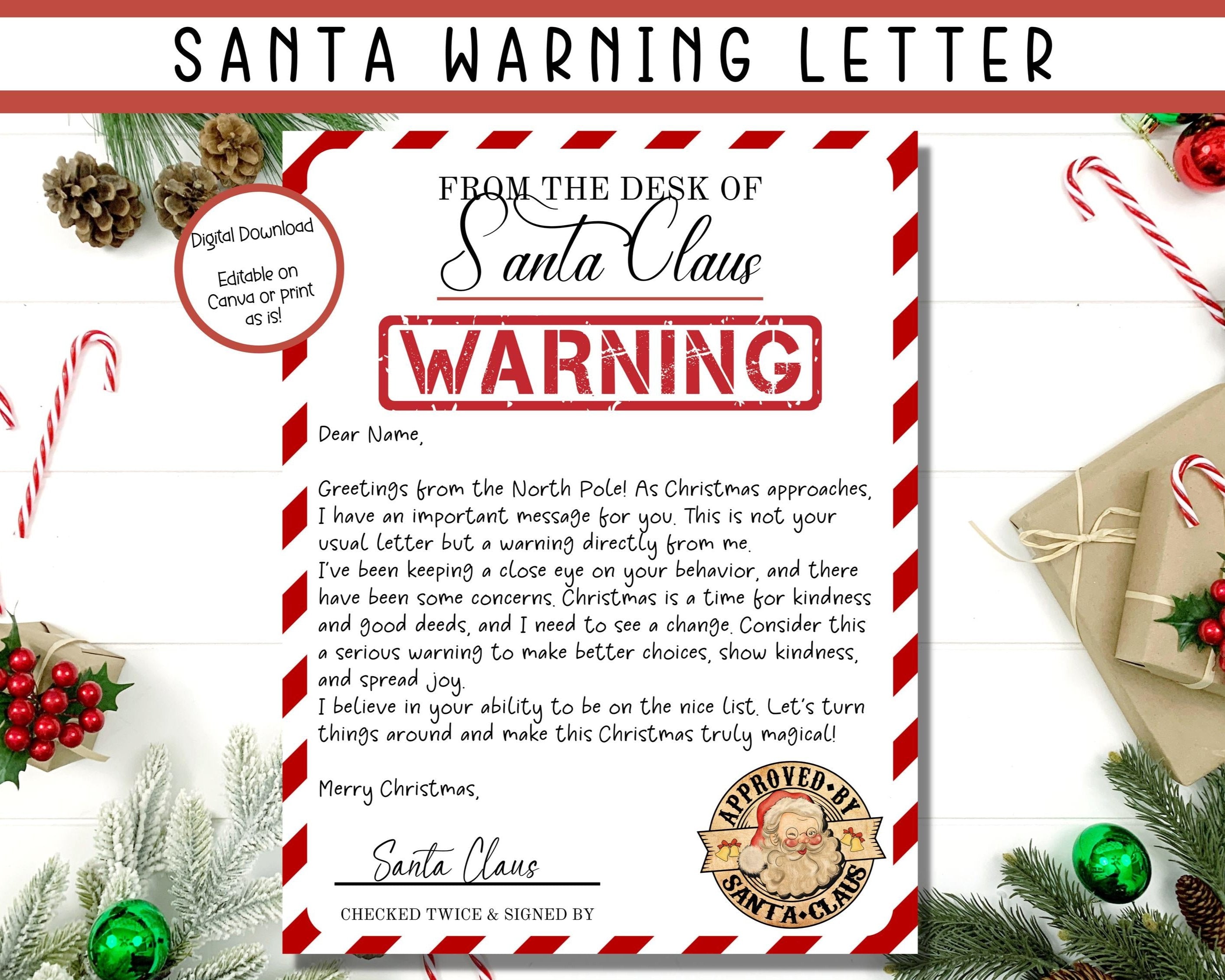 EDITABLE Santa Warning Letter, Letter from Santa, Naughty List Letter ...