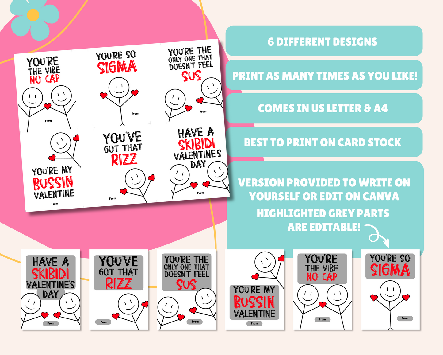 Instruction page for Editable Slang Valentine Gift Tags. Notes include: "Only name is editable," "Version provided to write name yourself or edit on Canva," "Comes in 2 sizes," "Best to print on card stock," and "Comes in US Letter & A4."