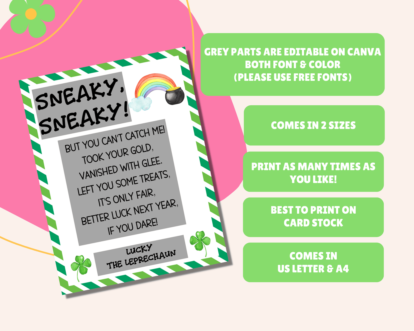 Instruction page for editable Leprechaun letter. Comes in US Letter and A4 sizes. Print as many times as you like. Best printed on cardstock. Grey areas are editable on Canva or print as is.
