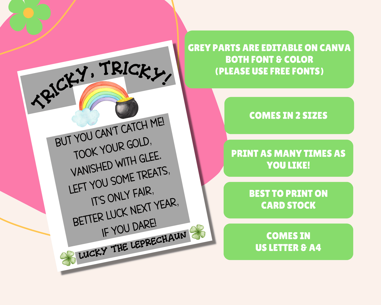 Instruction page for editable Leprechaun letter. Comes in US Letter and A4 sizes. Print as many times as you like. Best printed on cardstock. Grey areas are editable on Canva or print as is.