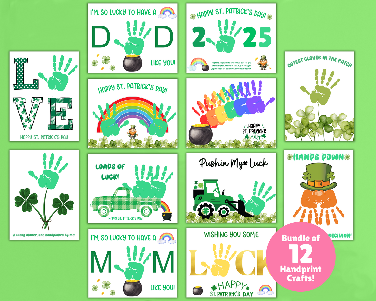 St. Patrick’s Day Handprint Art Bundle with 12 unique designs for kids, perfect for creating festive and meaningful keepsakes for the holiday