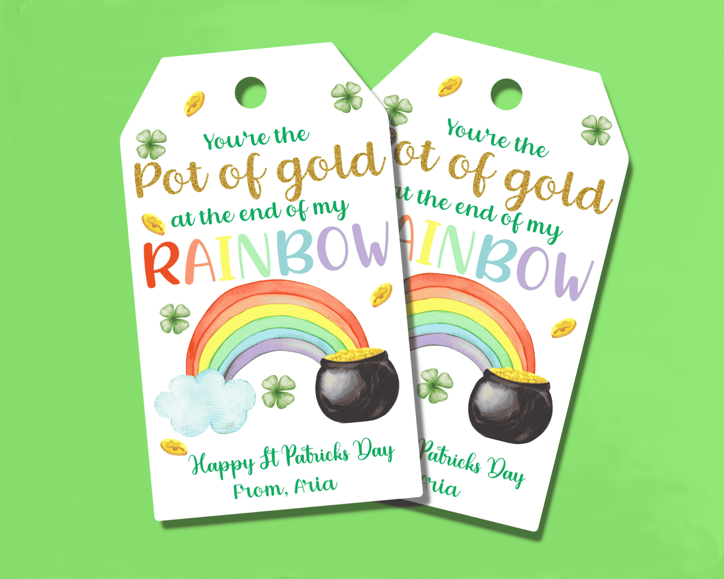Tags that says "Youre the pot of gold at the end of my rainbow, happy st Patricks day from"