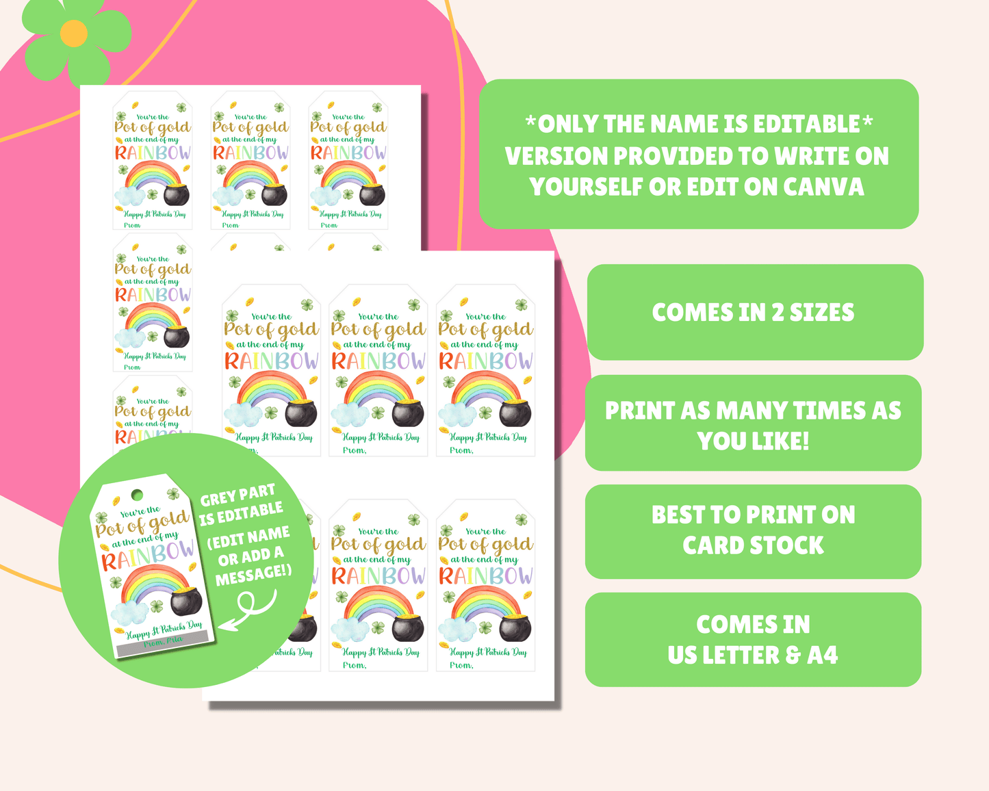 Comes in US Letter and A4 sizes, print as many times as you like, best printed on cardstock, editable grey parts on Canva, or print as is.