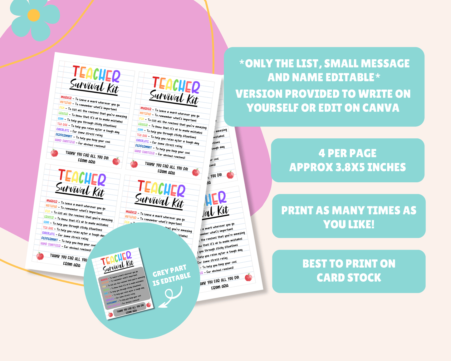 EDITABLE Teacher Survival Kit