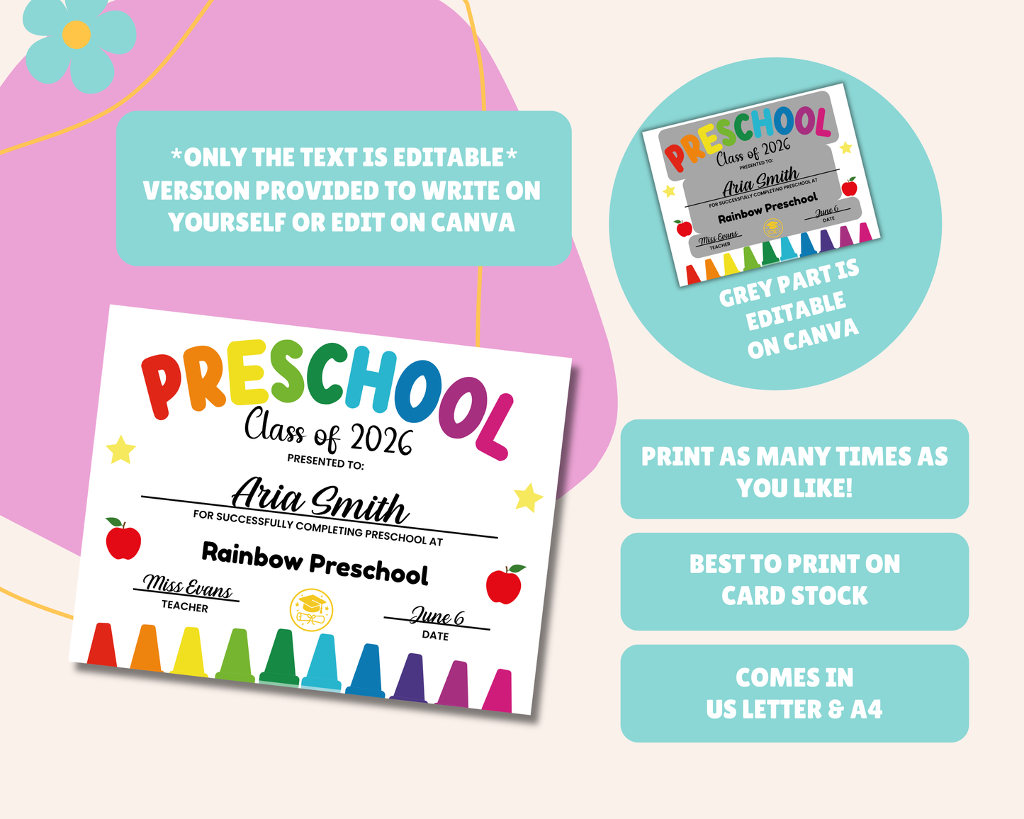 EDITABLE Last Day of Preschool Certificate