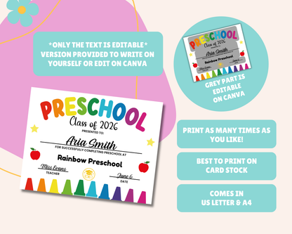EDITABLE Last Day of Preschool Certificate