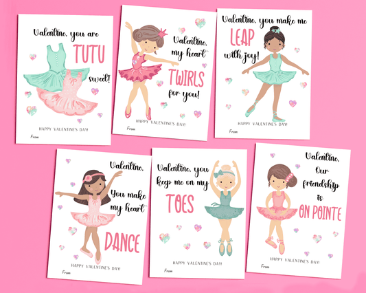 6 different ballet-themed Valentine cards with various ballerina illustrations, tutus, ballet shoes, and heart accents, each featuring a cute Valentine’s Day message
