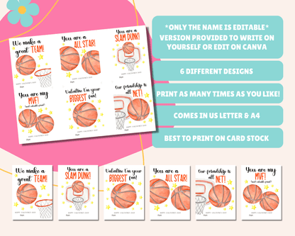 Instruction page for editable basketball Valentine cards with notes like "Only name is editable," "Version provided to write name yourself or edit on Canva," "Comes in 2 sizes," "Best to print on card stock," and "Comes in US Letter & A4."