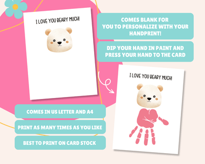 Blank card for personalizing with handprint art, instructions to dip hand in paint and press on the card, available in US Letter and A4 sizes, printable as many times as needed, and best printed on card stock.