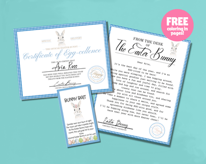 Bunny Bundle - Blue Easter Bunny Bait Tag, Editable Easter Bunny Letter, Certificate