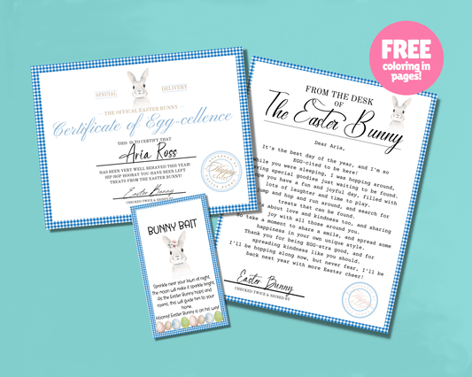 Bunny Bundle - Blue Easter Bunny Bait Tag, Editable Easter Bunny Letter, Certificate