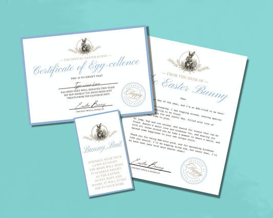  Blue Easter Bunny Letter, Certificate, and Bunny Bait Tag featuring cute Easter designs with a blue color scheme.