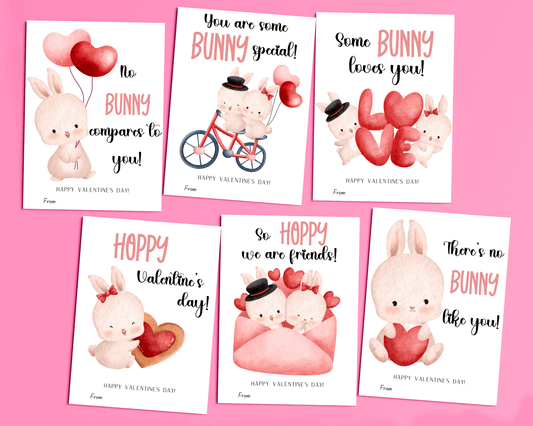 6 different bunny valentine cards, featuring cute bunnies holding hearts or sweet messages for Valentine's Day.