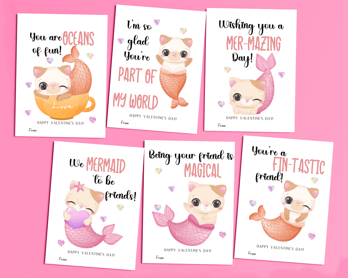6 different mermaid cat valentine cards, featuring adorable cats dressed as mermaids, with sweet Valentine's Day messages.