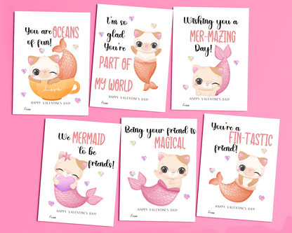 6 different mermaid cat valentine cards, featuring adorable cats dressed as mermaids, with sweet Valentine's Day messages.