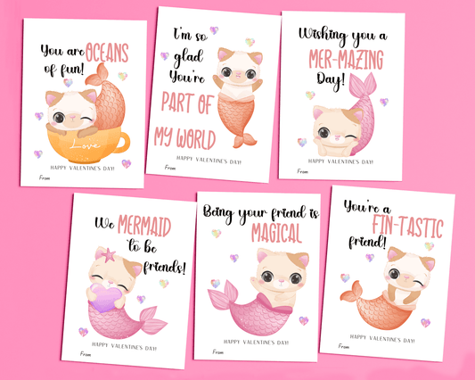 6 different mermaid cat valentine cards, featuring adorable cats dressed as mermaids, with sweet Valentine's Day messages.