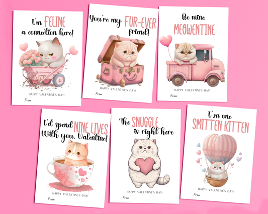 6 different cat valentine cards featuring adorable cats with cute Valentine’s Day messages.