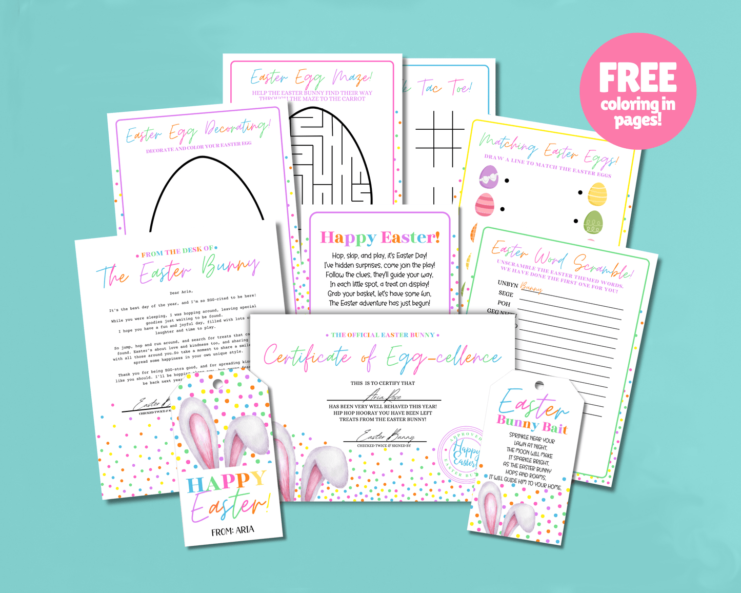 Easter Bunny Bundle – Colorful Bunny Bait Tag, Letter, Certificate, Gift Tags & Activity Pages