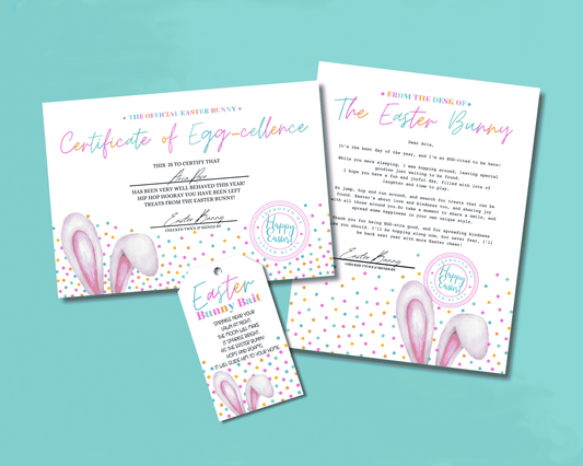 Bunny Bundle - Colorful Dot Easter Bunny Bait Tag, Editable Easter Bunny Letter, Certificate