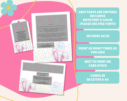 Bunny Bundle - Colorful Dot Easter Bunny Bait Tag, Editable Easter Bunny Letter, Certificate