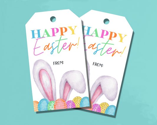 Easter gift tag with "Happy Easter" and "From" text, featuring bunny ears and Easter eggs at the bottom of the tag.