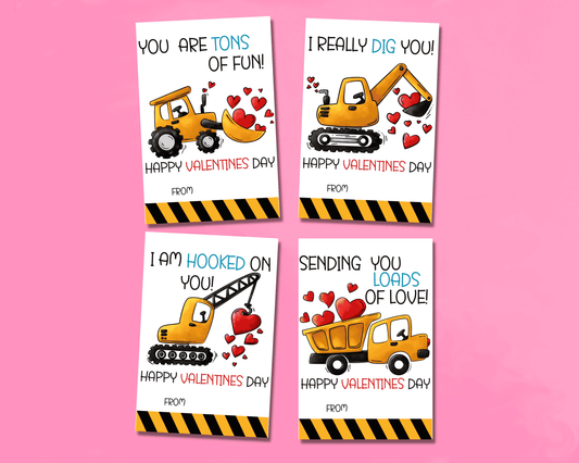 4 construction-themed Valentine cards featuring fun designs with trucks, cranes, and excavators, each with a cute Valentine message.