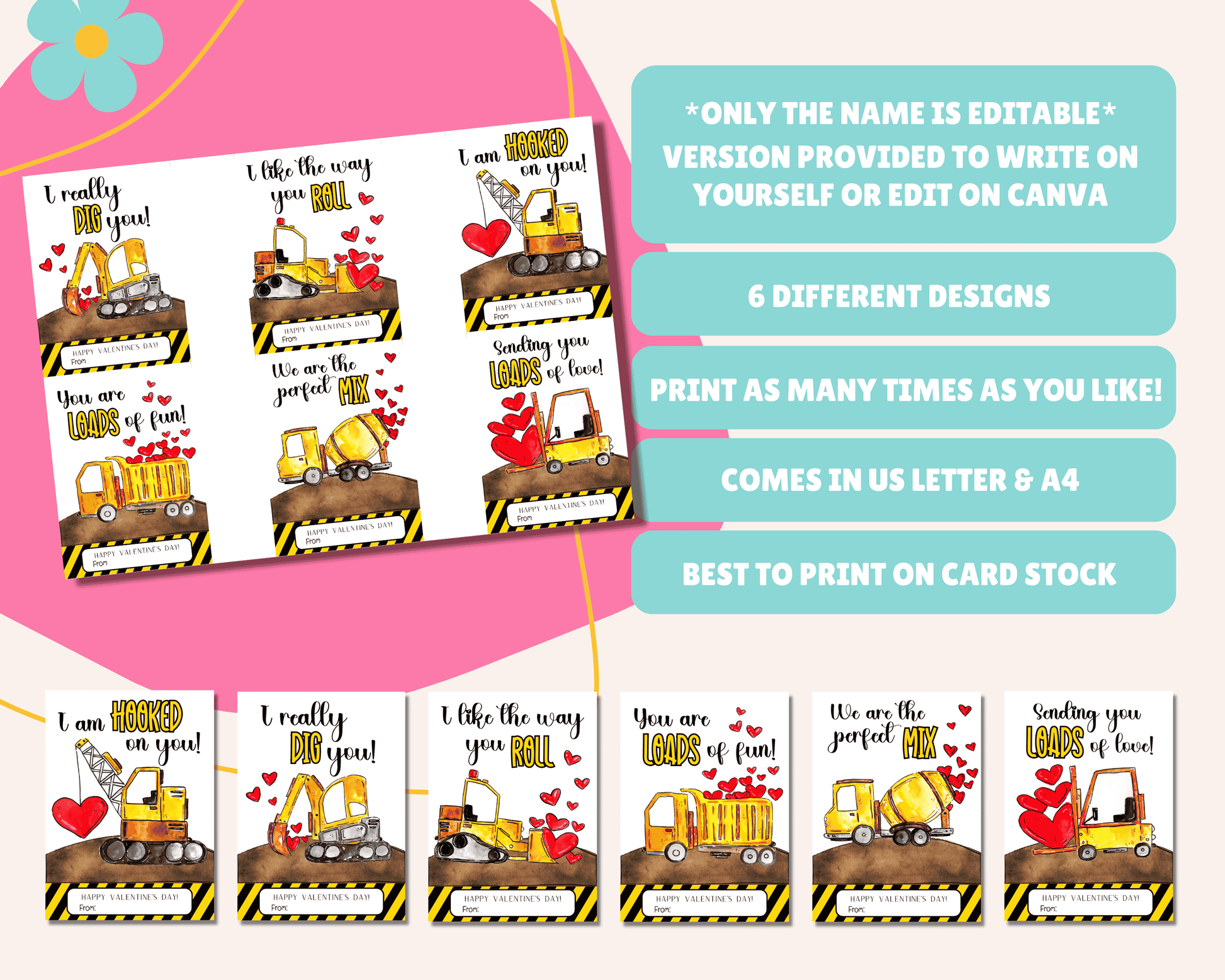 Instruction page for construction-themed Valentine cards with details on editing the name, writing it yourself or using Canva, printing in two sizes, best printed on card stock, and available in US Letter & A4