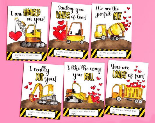 6 different construction-themed Valentine cards featuring dump trucks, excavators, and bulldozers with cute Valentine messages