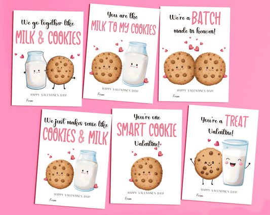  6 different Valentine cards featuring cute milk and cookie designs with heart accents and playful Valentine messages