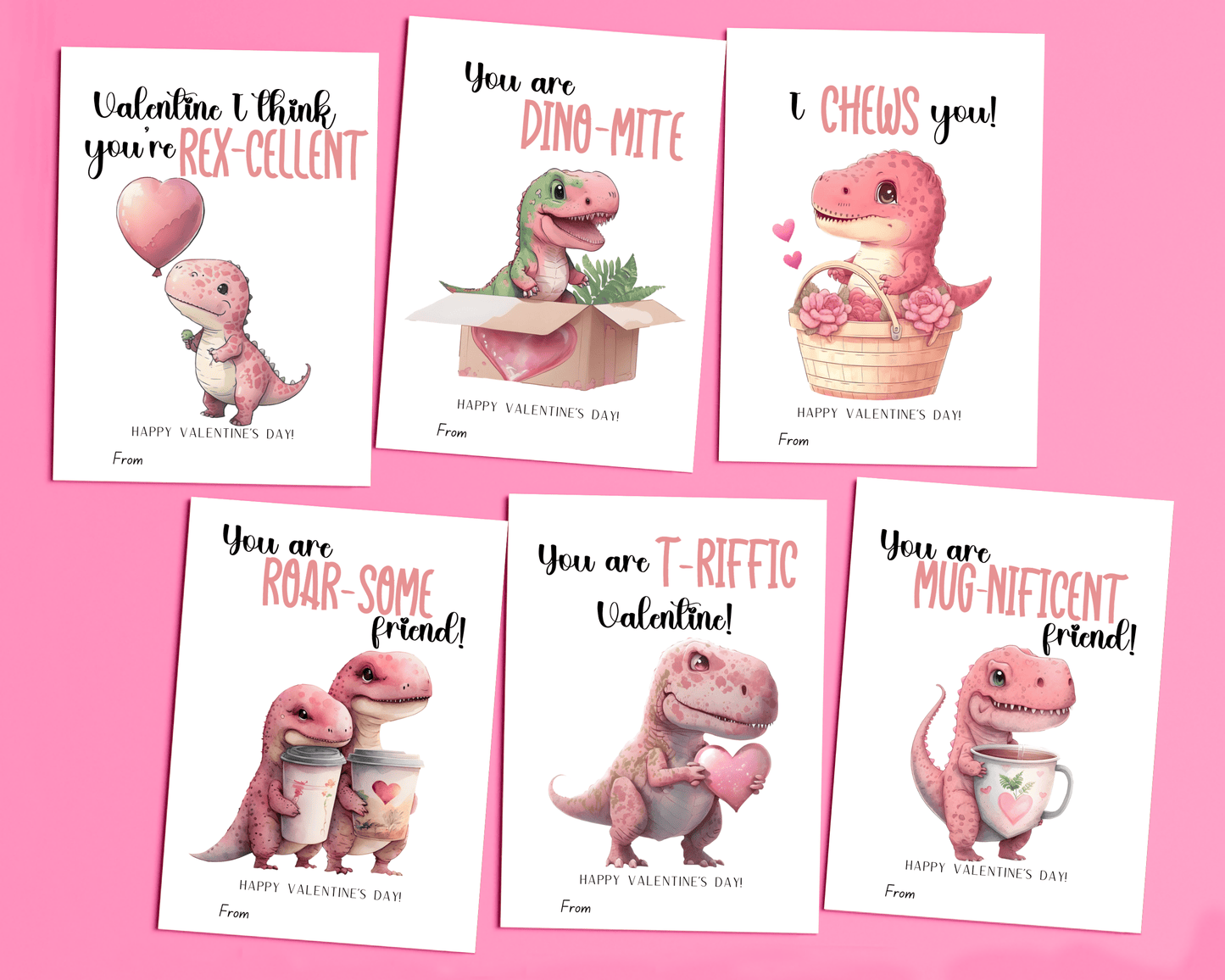  6 different dinosaur Valentine cards with cute designs featuring dinosaurs and hearts, with a space for personalization.