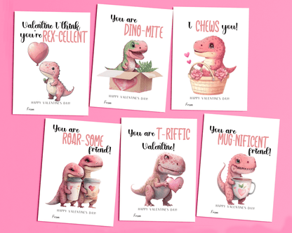  6 different dinosaur Valentine cards with cute designs featuring dinosaurs and hearts, with a space for personalization.