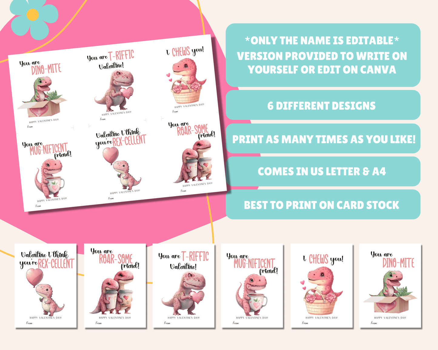  Instructions for creating your Dinosaur Valentine Cards: "Only name is editable," "Version provided to write name yourself or edit on Canva," "Comes in 2 sizes," "Best to print on card stock," "Comes in US Letter & A4."
