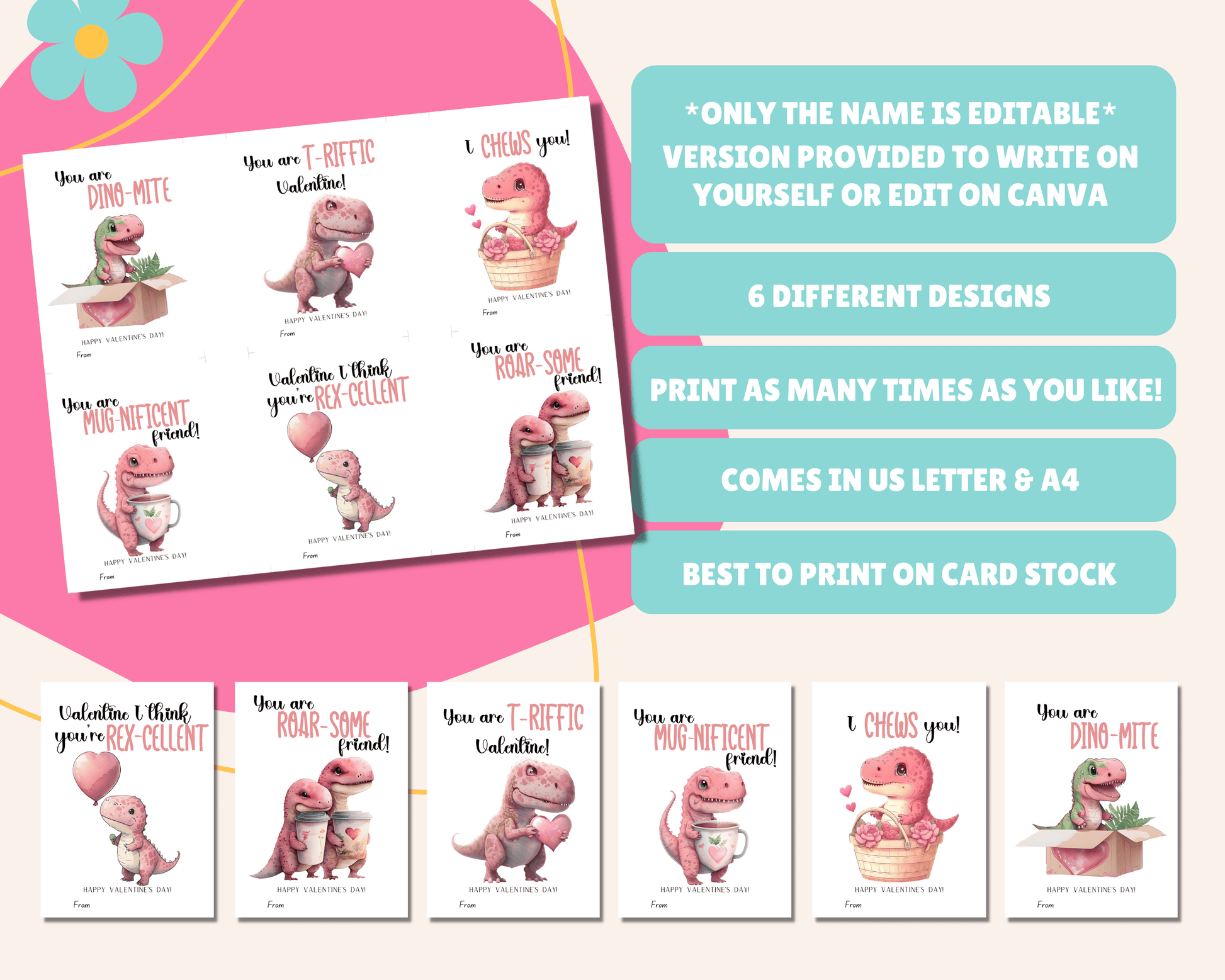  Instructions for creating your Dinosaur Valentine Cards: "Only name is editable," "Version provided to write name yourself or edit on Canva," "Comes in 2 sizes," "Best to print on card stock," "Comes in US Letter & A4."