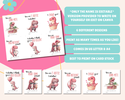  Instructions for creating your Dinosaur Valentine Cards: "Only name is editable," "Version provided to write name yourself or edit on Canva," "Comes in 2 sizes," "Best to print on card stock," "Comes in US Letter & A4."