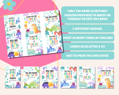  Instructions for creating your Dinosaur Valentine Cards: "Only name is editable," "Version provided to write name yourself or edit on Canva," "Comes in 2 sizes," "Best to print on card stock," "Comes in US Letter & A4."