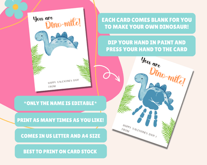  Instructions for Dinosaur Valentine card: "Only name is editable," "Version provided to add name yourself or edit on Canva," "Comes in 2 sizes," "Best to print on card stock," "Comes in US Letter & A4."