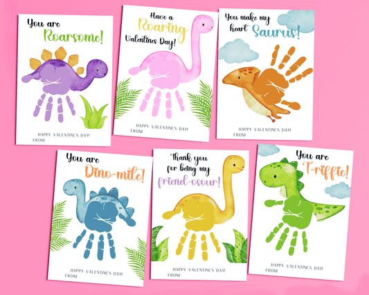  Dinosaur handprint art featuring a cute dinosaur design with space for a handprint to be added, perfect for Valentine’s Day.