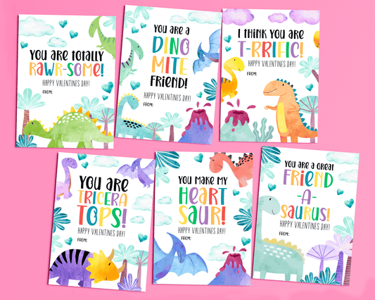 6 different dinosaur Valentine cards with cute designs featuring dinosaurs and hearts, with a space for personalization.