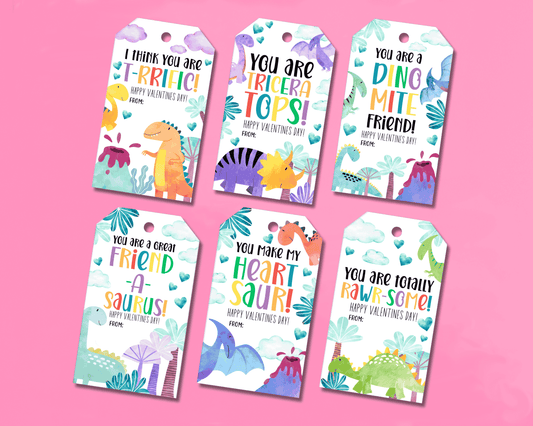 Six unique dinosaur-themed Valentine gift tags with fun dinosaur designs, hearts, and editable space for personalizing names.